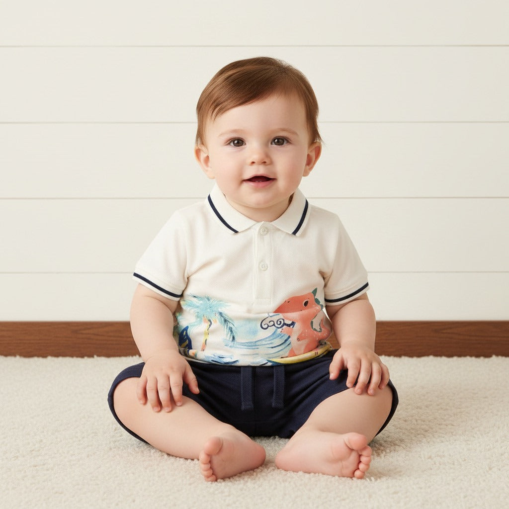 Dinosaur Print Cotton Polo T-shirt and Shorts Set - Cream / 6-9 mths