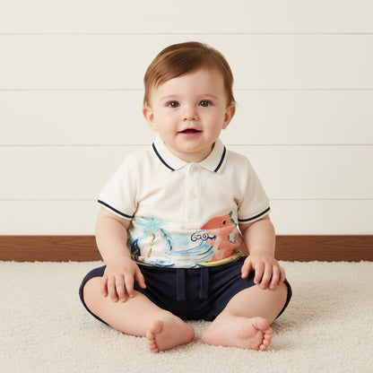 Dinosaur Print Cotton Polo T-shirt and Shorts Set - Cream / 6-9 mths