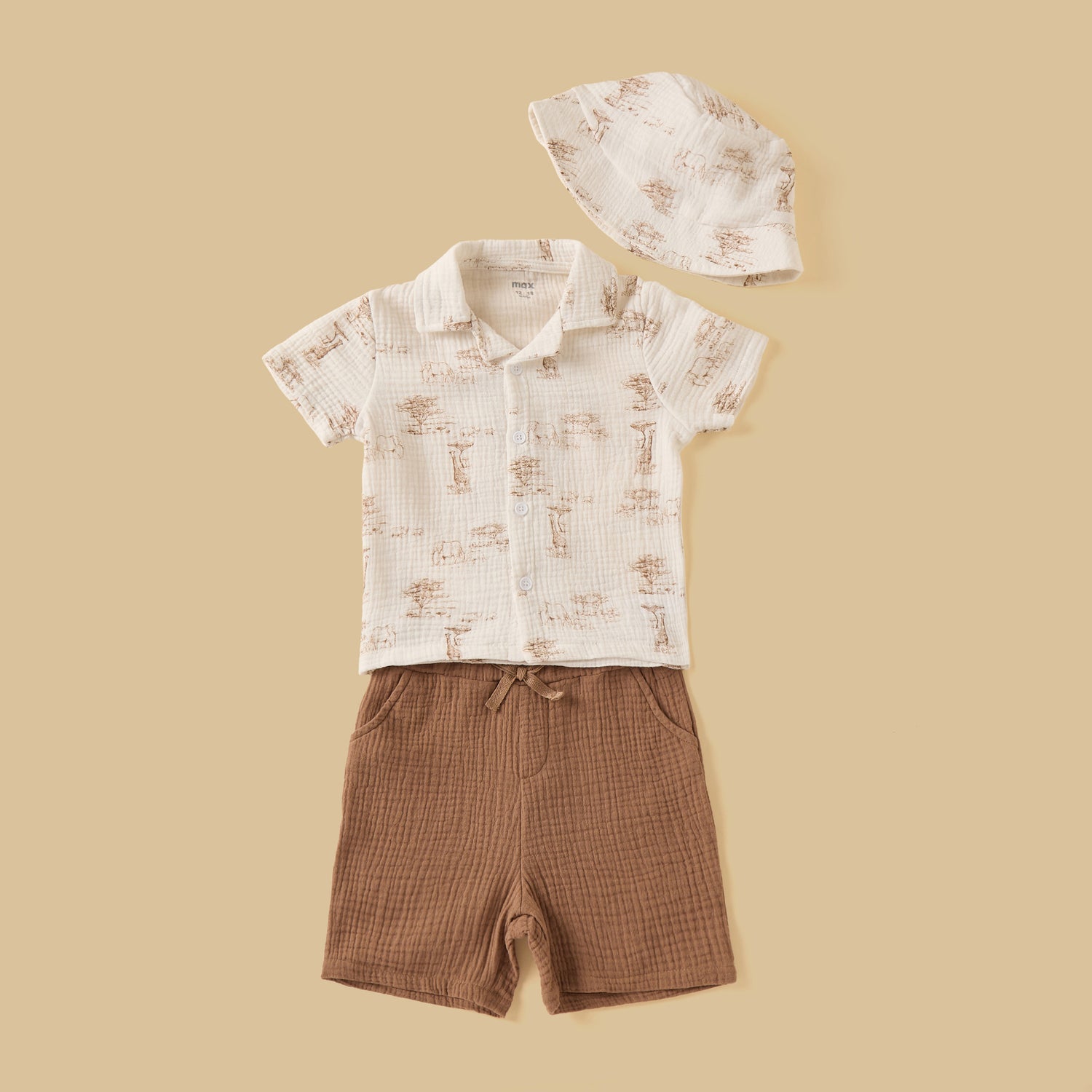 Printed Double Gauze Cotton Shirt with Shorts and Hat