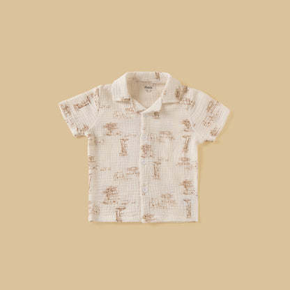 Printed Double Gauze Cotton Shirt with Shorts and Hat