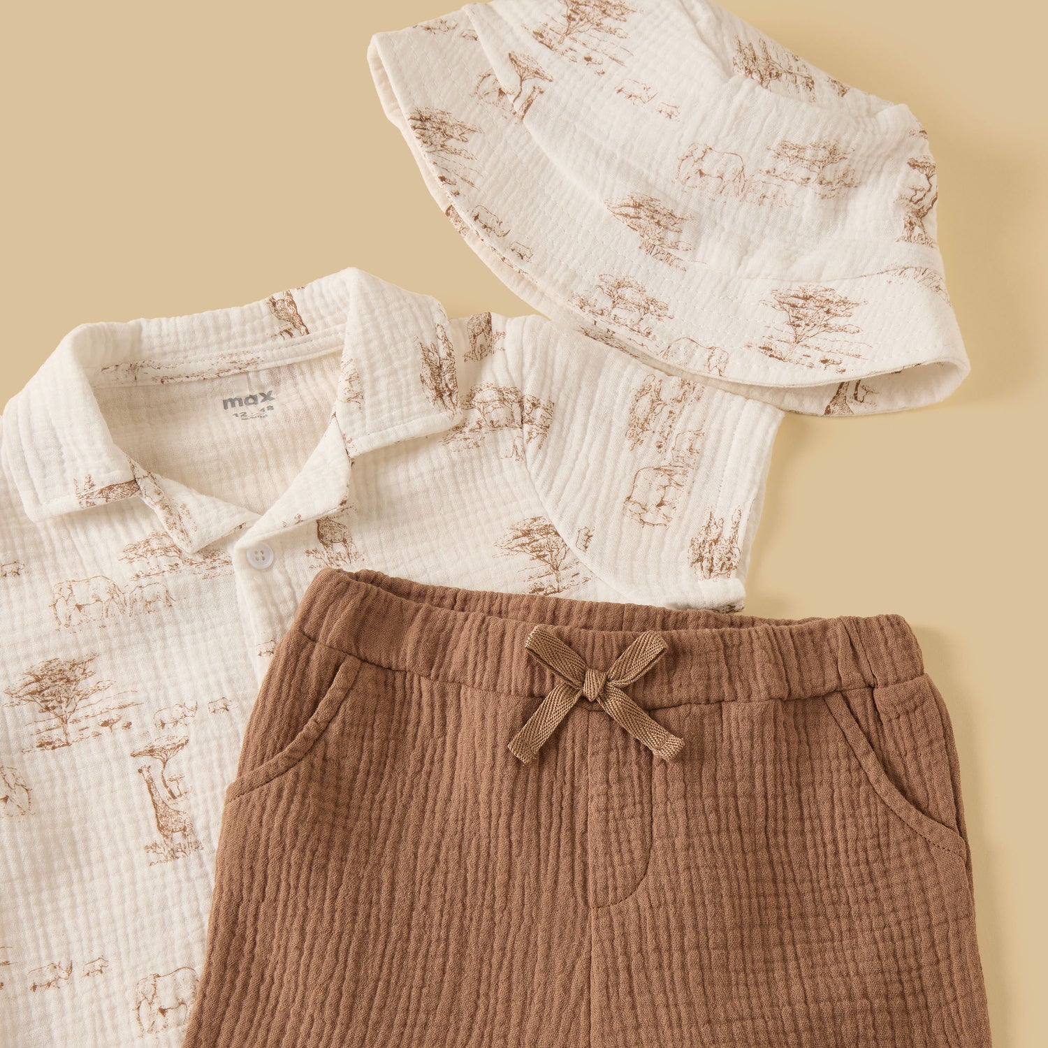Printed Double Gauze Cotton Shirt with Shorts and Hat
