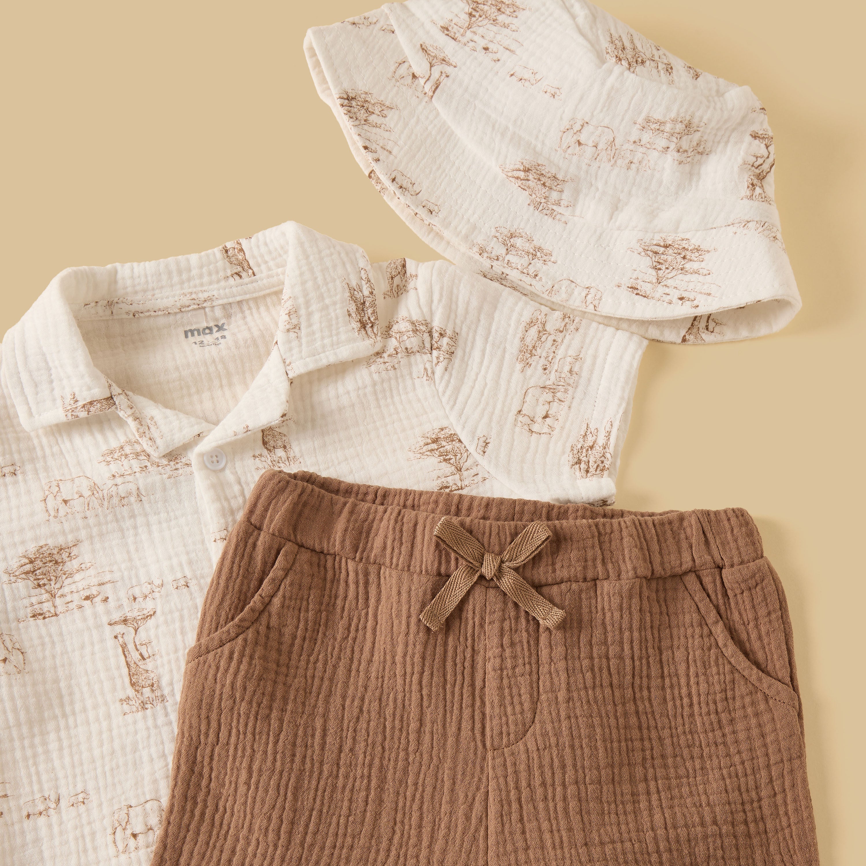 Printed Double Gauze Cotton Shirt with Shorts and Hat