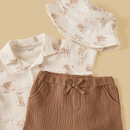Printed Double Gauze Cotton Shirt with Shorts and Hat