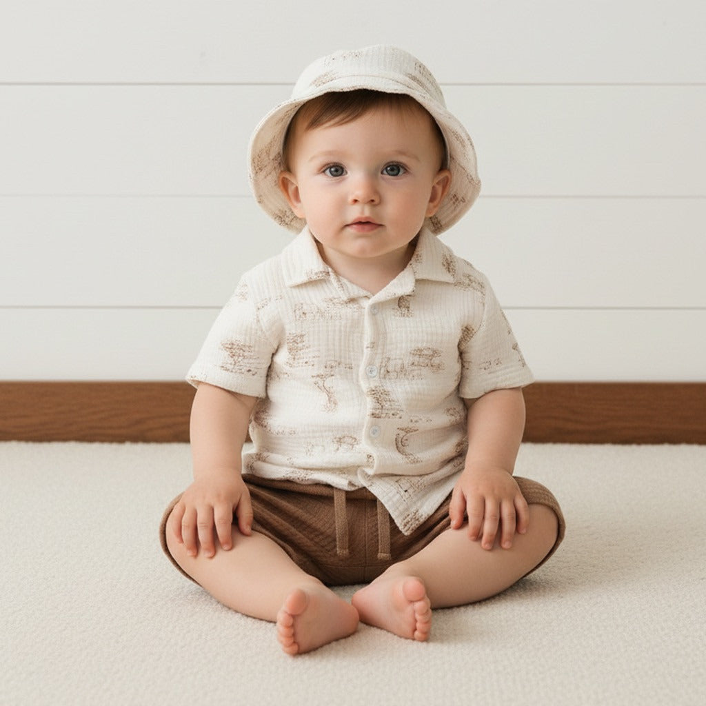 Printed Double Gauze Cotton Shirt with Shorts and Hat - Multicolour / 12-18 mths