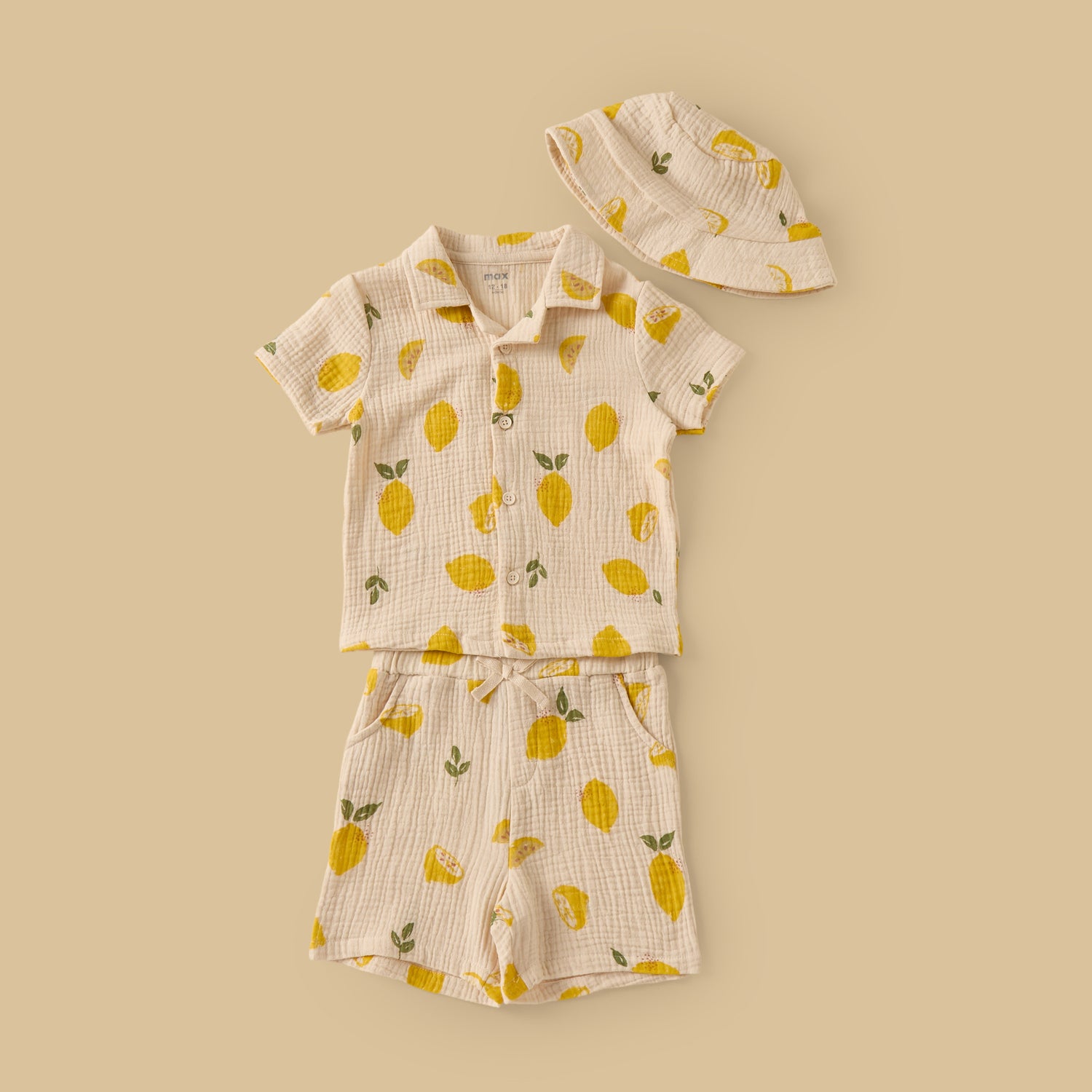Lemon Print Double Gauze Cotton Shirt with Shorts and Hat