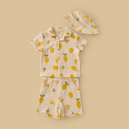Lemon Print Double Gauze Cotton Shirt with Shorts and Hat