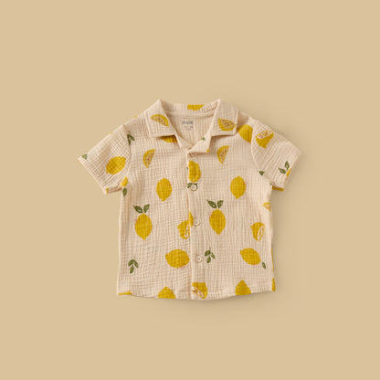Lemon Print Double Gauze Cotton Shirt with Shorts and Hat