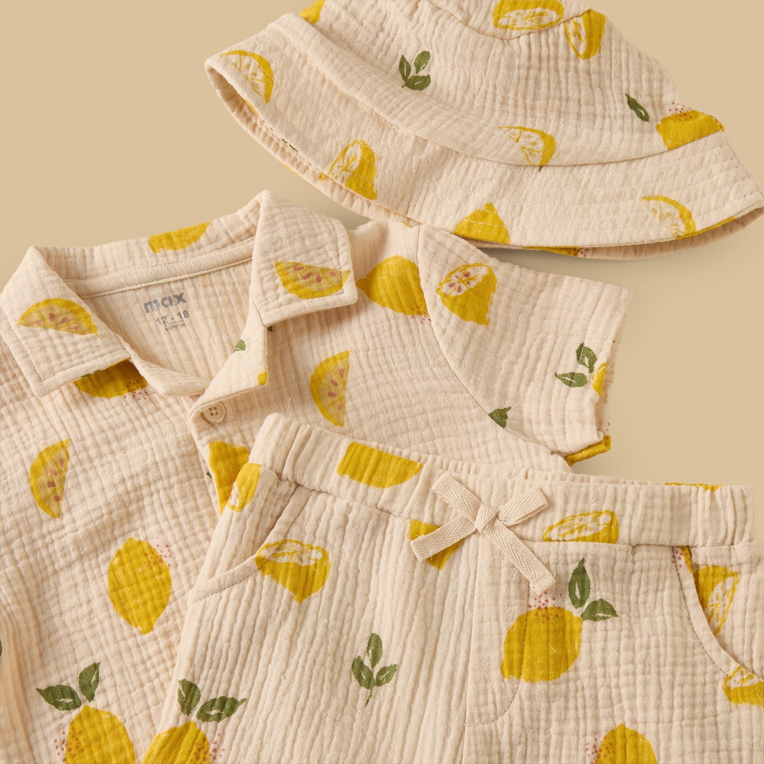 Lemon Print Double Gauze Cotton Shirt with Shorts and Hat