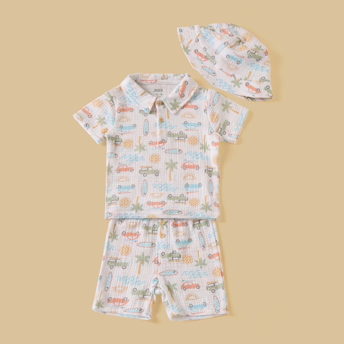 Vehicle Print Double Gauze Cotton Polo T-shirt with Shorts and Hat