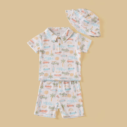 Vehicle Print Double Gauze Cotton Polo T-shirt with Shorts and Hat