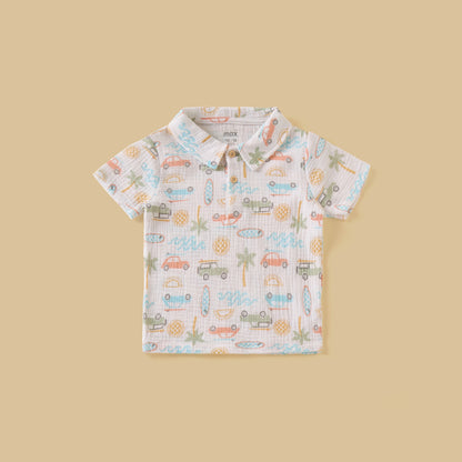 Vehicle Print Double Gauze Cotton Polo T-shirt with Shorts and Hat
