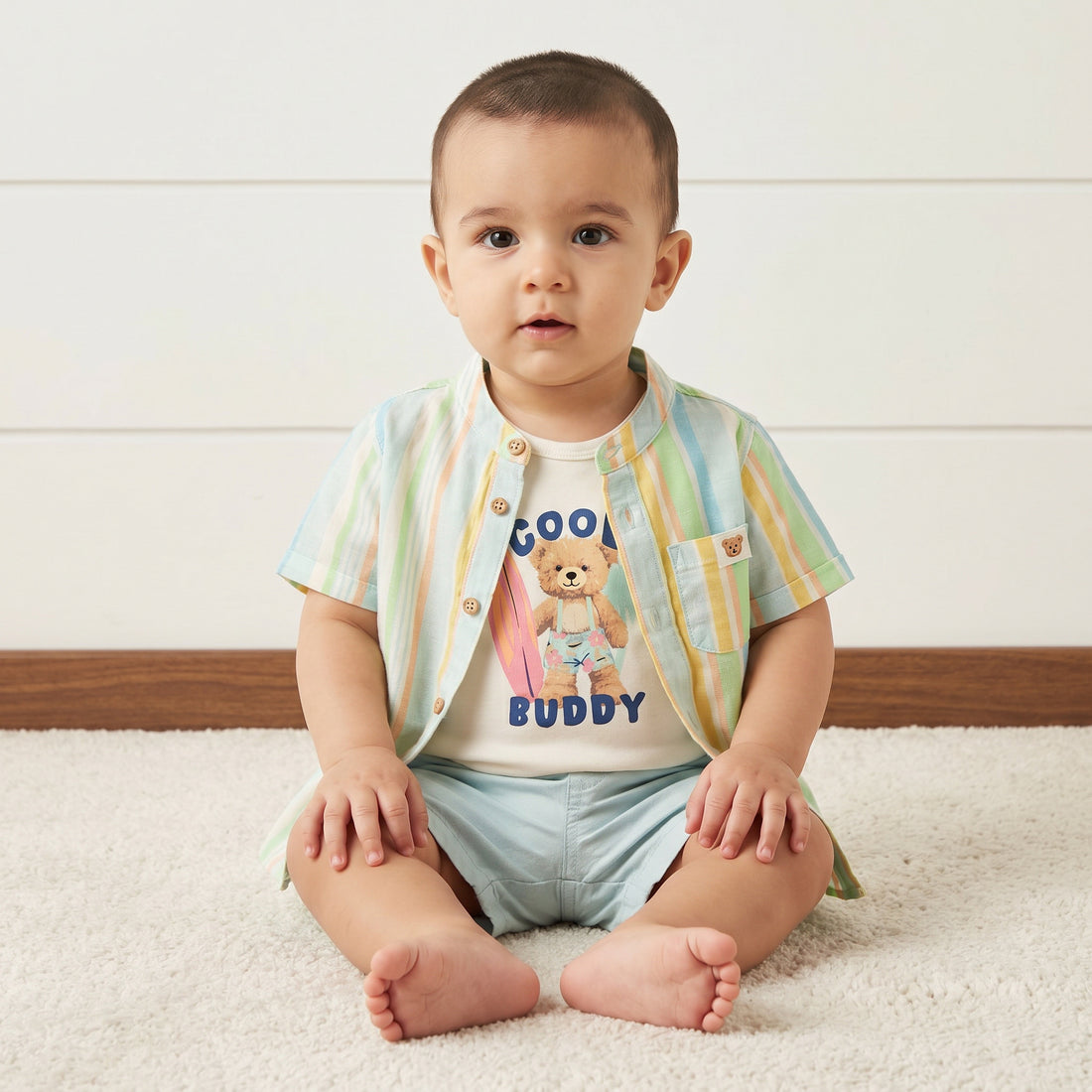 Striped Shirt with Bodysuit and Shorts - Multicolour / 12-18 mths