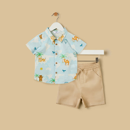Graphic Print Cotton Shirt and Shorts Set
