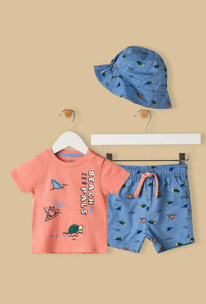 Beach Print Cotton T-shirt and Shorts Set with Hat-undefined-image-1