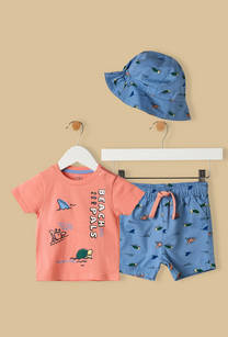 Beach Print Cotton T-shirt and Shorts Set with Hat-undefined-image-1