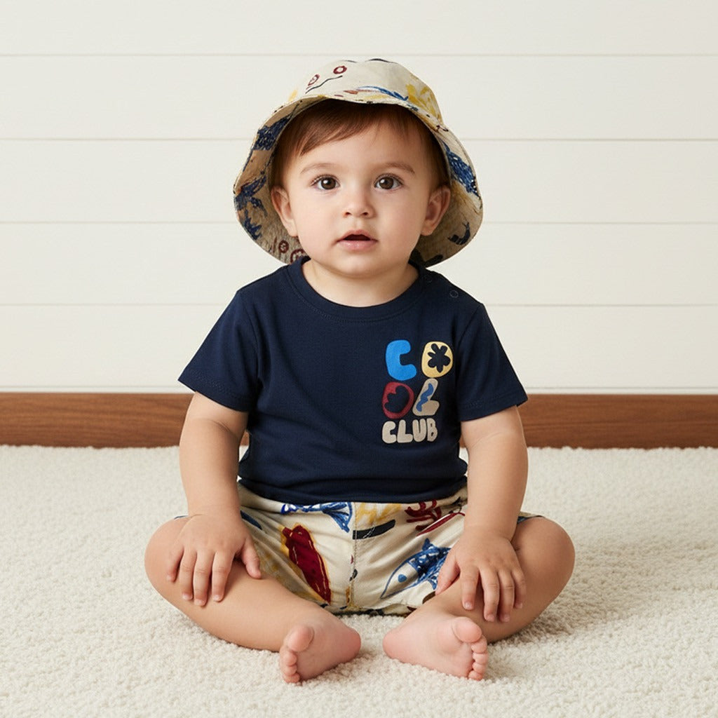 Printed Cotton T-shirt with Shorts and Cap - Blue / 12-18 mths