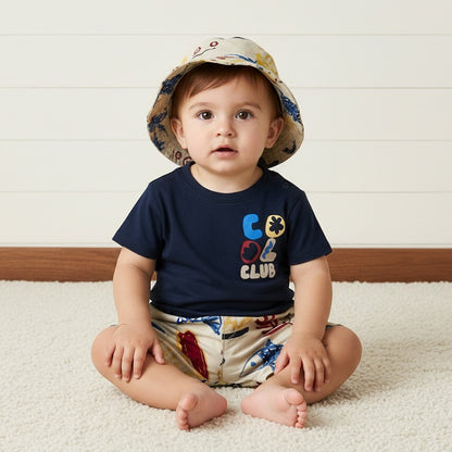 Printed Cotton T-shirt with Shorts and Cap - Blue / 12-18 mths