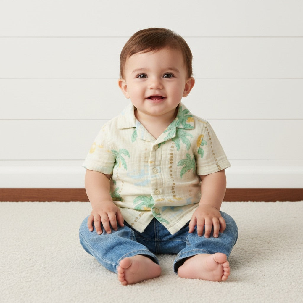 Palm Tree Print Cotton Shirt - Cream / 12-18 mths