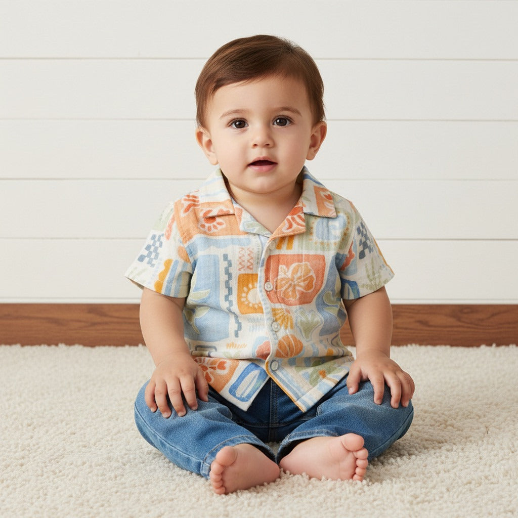 Tile Print Cotton Shirt - Cream / 12-18 mths