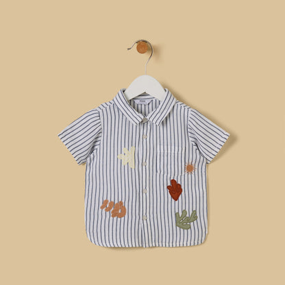 Striped Cotton Shirt with Embroidery - Cream / 12-18 mths