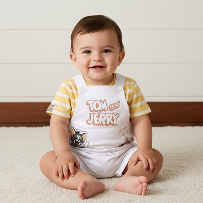 Tom and Jerry Print Cotton Dungaree and T-shirt Set - White / 12-18 mths