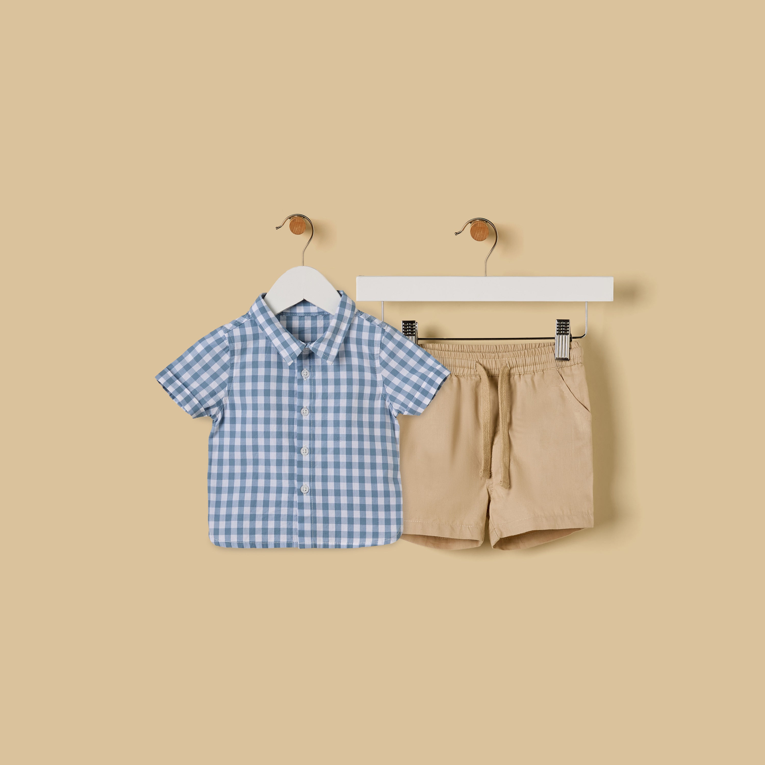 Gingham Cotton Shirt and Shorts Set - Blue