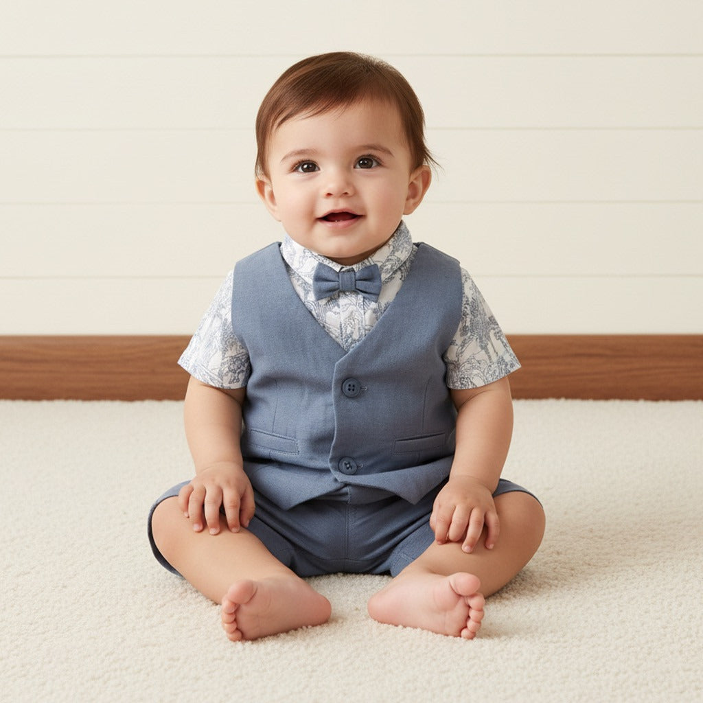 Safari Print Cotton Waistcoat with Shirt and Shorts Set - Blue / 12-18 mths