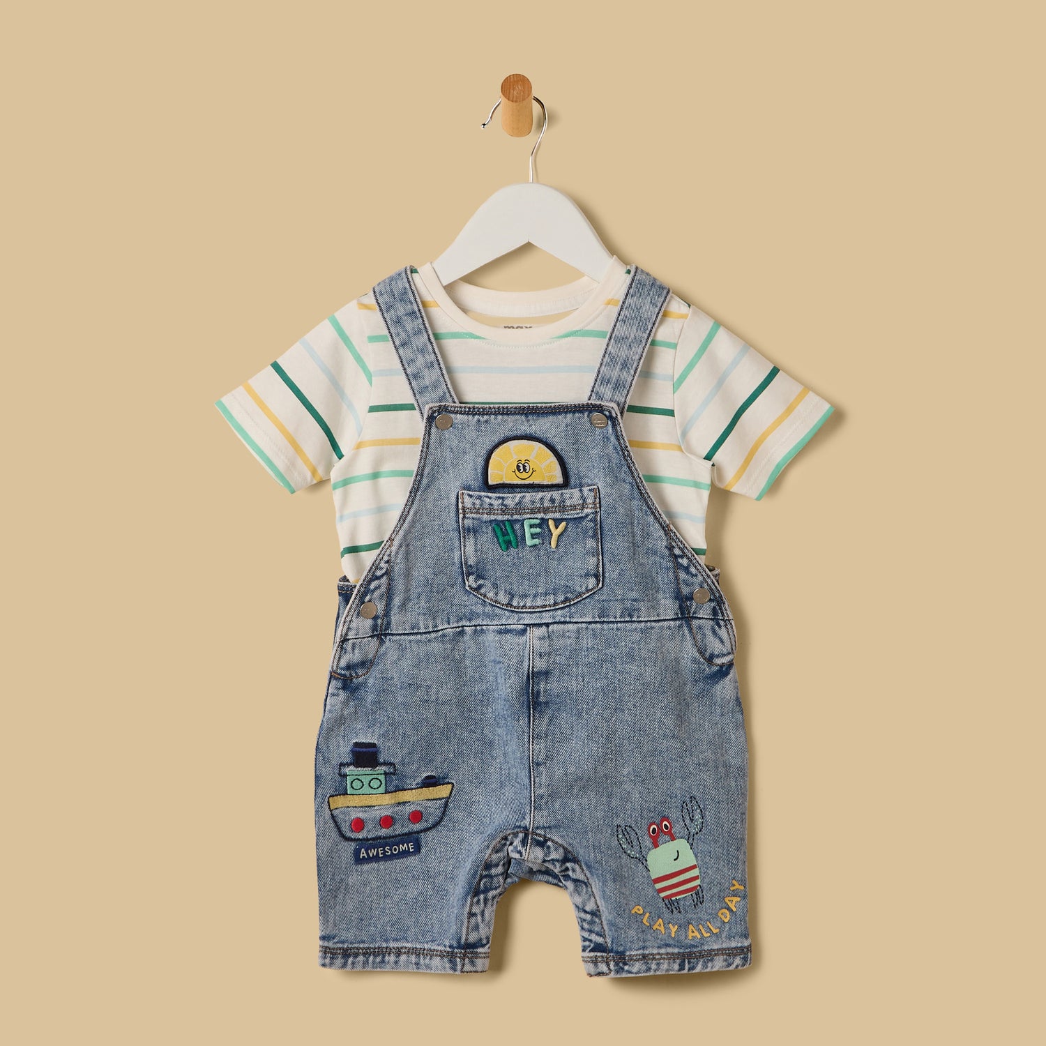 Embroidered Denim Dungaree with Striped T-shirt - Blue / 12-18 mths