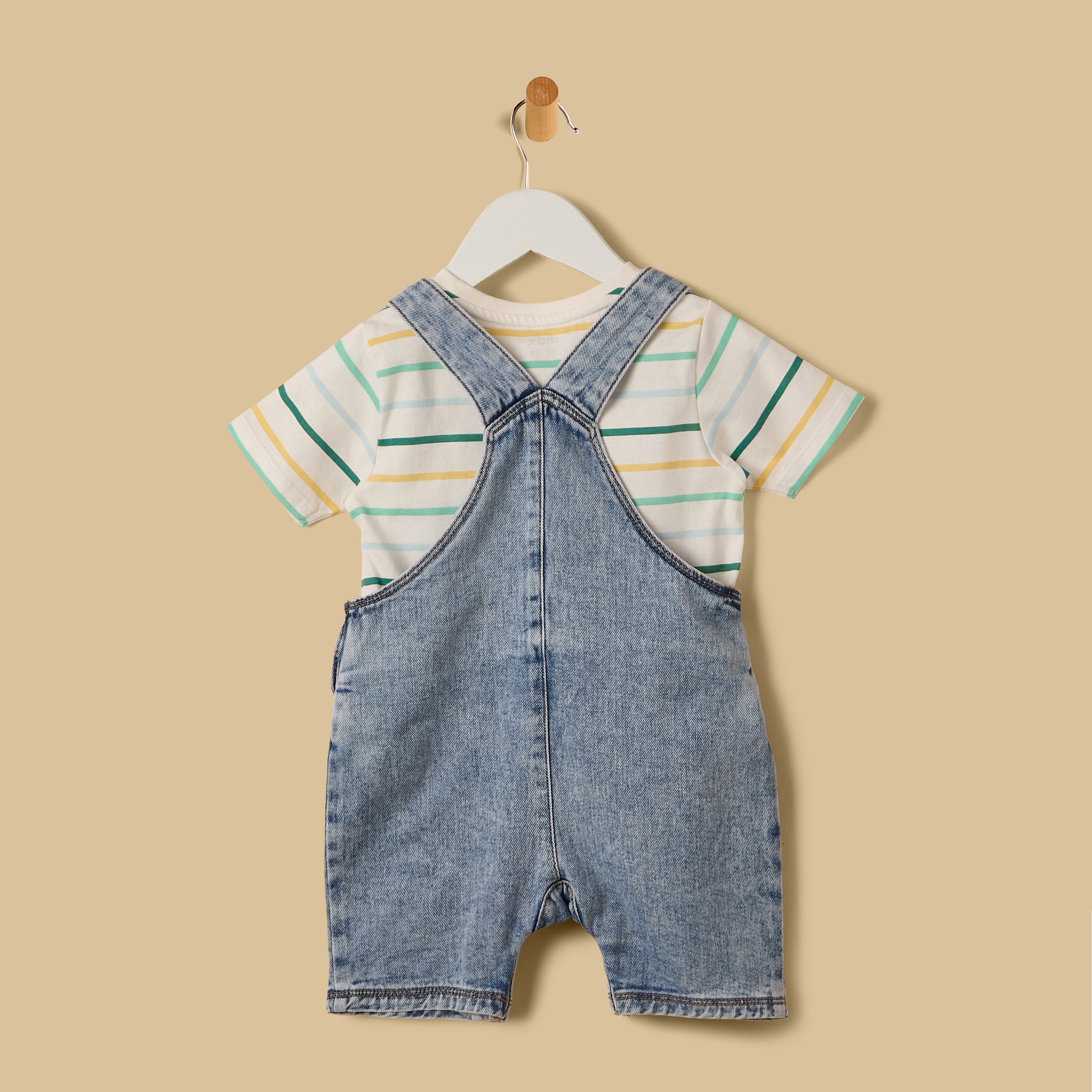 Embroidered Denim Dungaree with Striped T-shirt