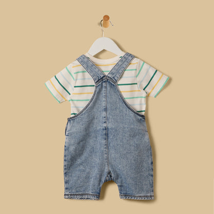 Embroidered Denim Dungaree with Striped T-shirt