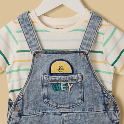 Embroidered Denim Dungaree with Striped T-shirt