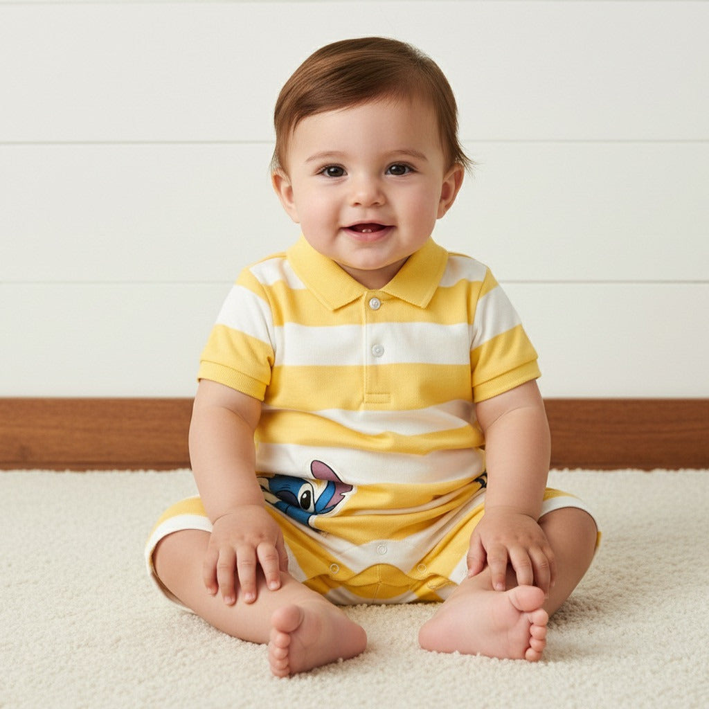 Stitch Print Cotton Romper - Yellow / 12-18 mths