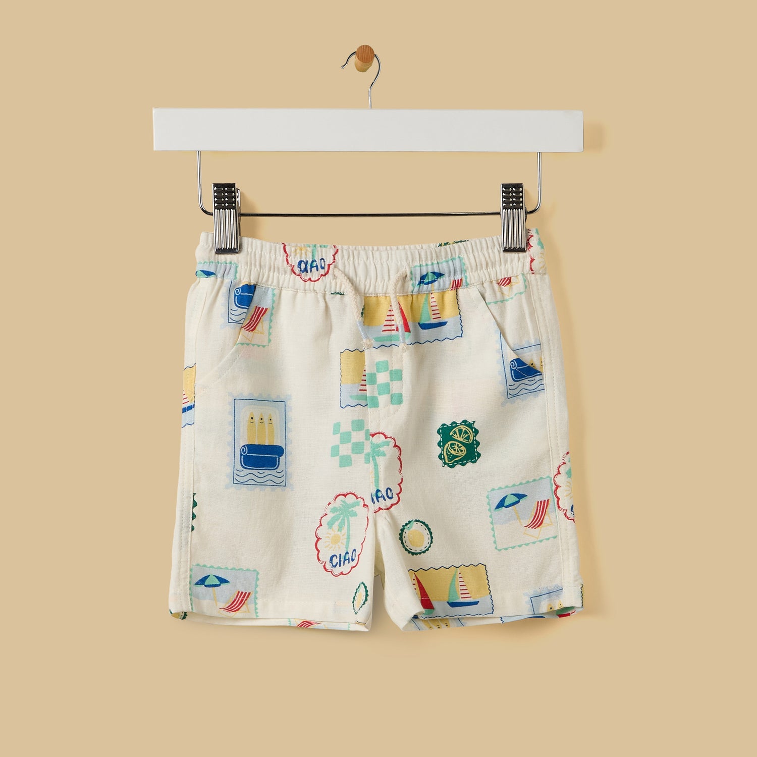 Stamp Print Linen Blend Shirt and Shorts Set