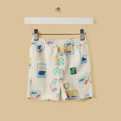 Stamp Print Linen Blend Shirt and Shorts Set
