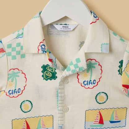 Stamp Print Linen Blend Shirt and Shorts Set