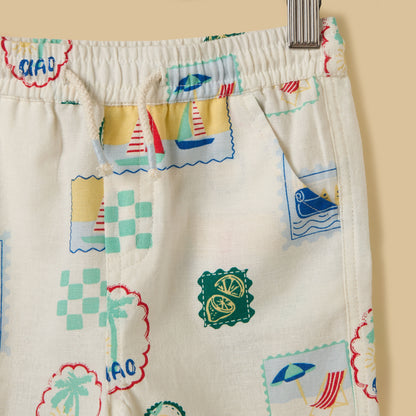 Stamp Print Linen Blend Shirt and Shorts Set