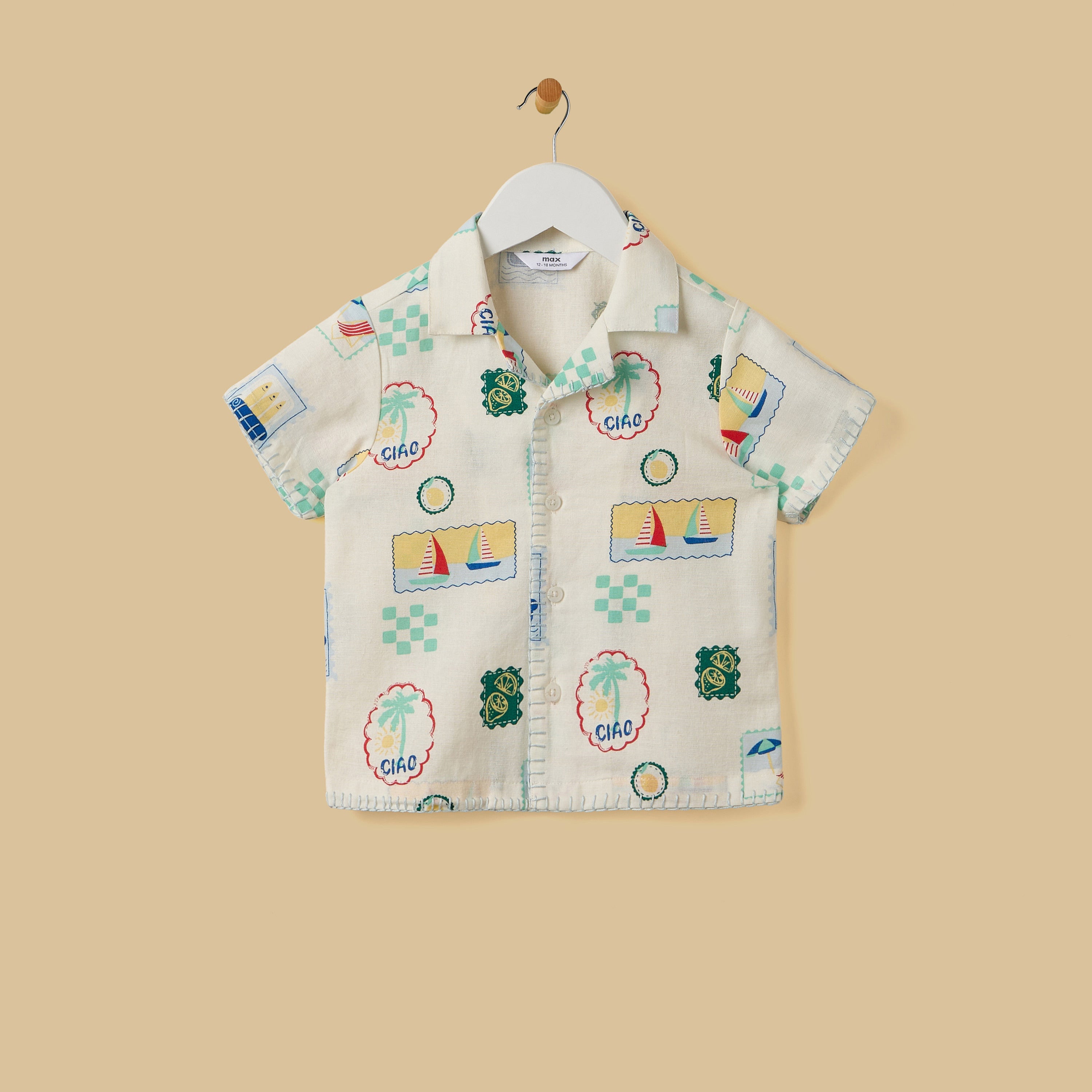 Stamp Print Linen Blend Shirt and Shorts Set
