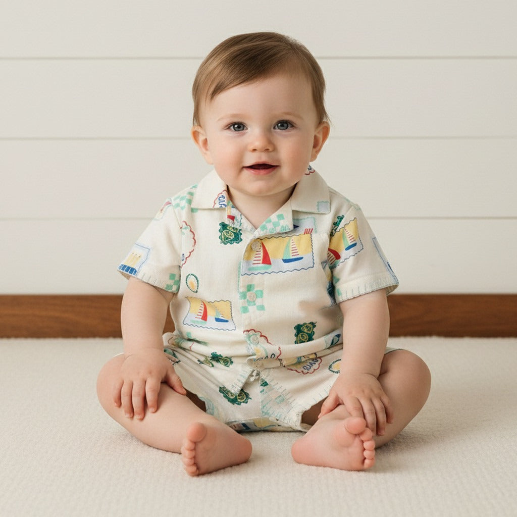 Stamp Print Linen Blend Shirt and Shorts Set - White / 12-18 mths