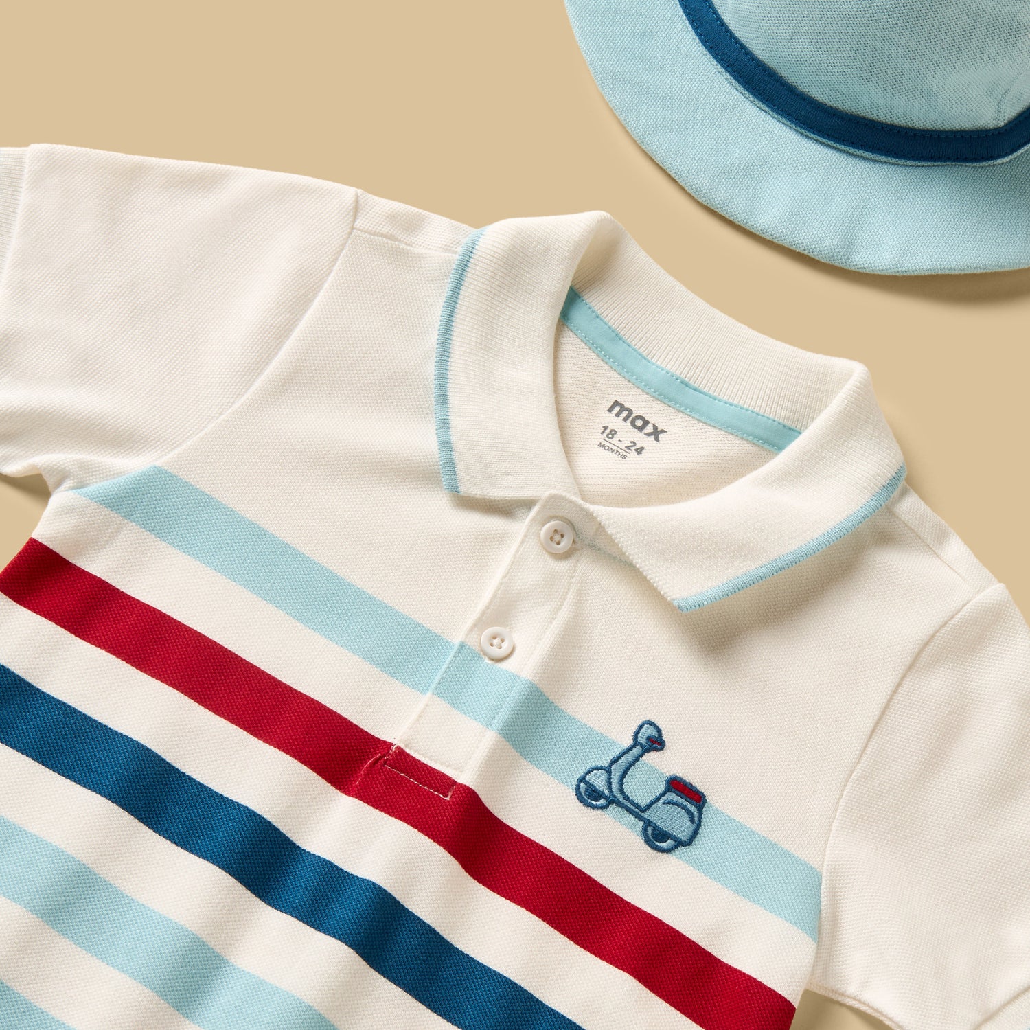 Striped Pique Cotton Polo Romper with Hat
