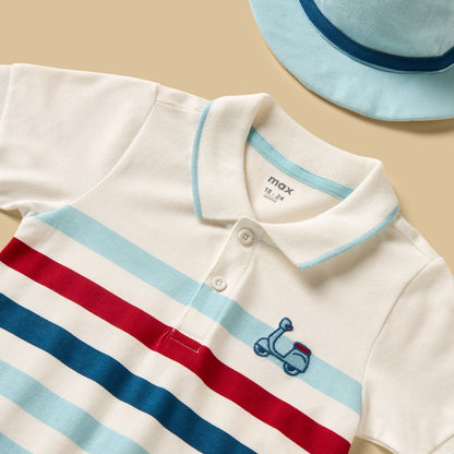 Striped Pique Cotton Polo Romper with Hat