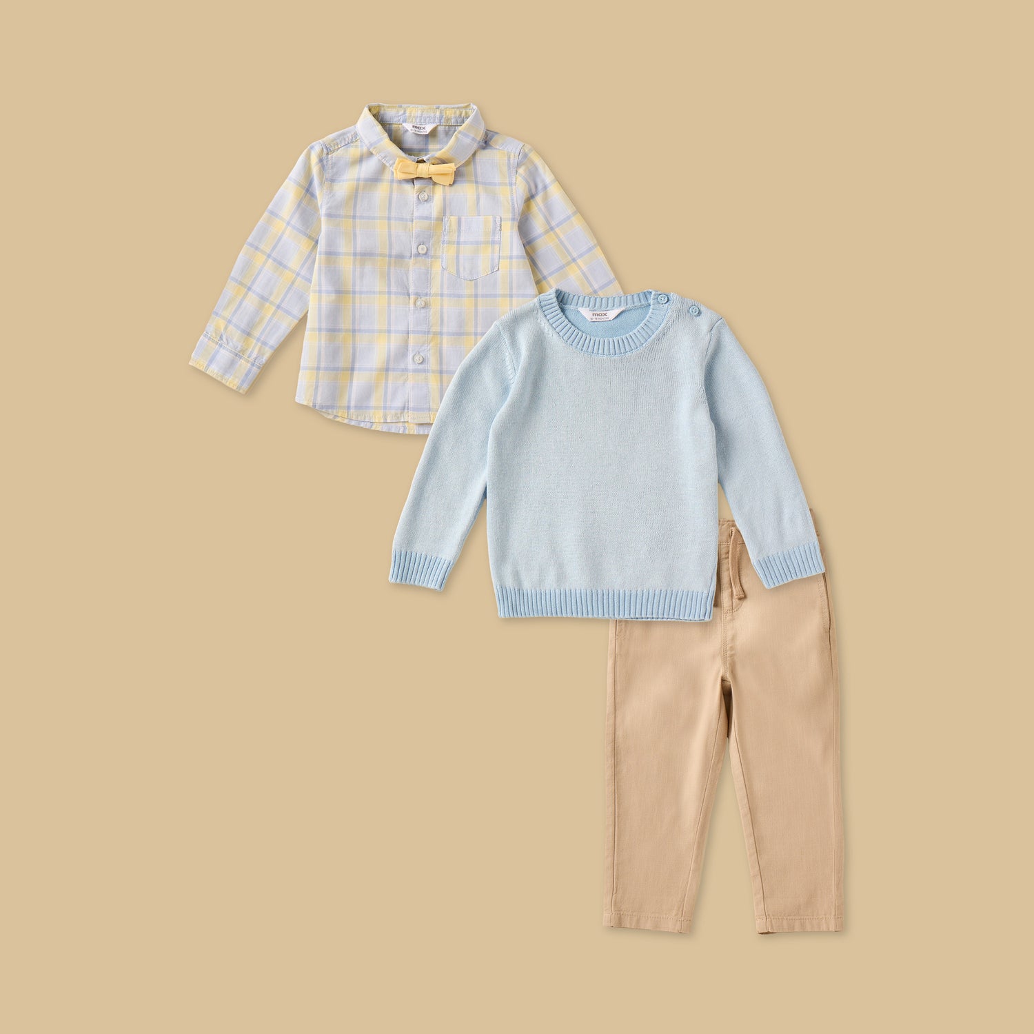 Checked Cotton Shirt with Sweater and Pants - Blue / 12-18 mths