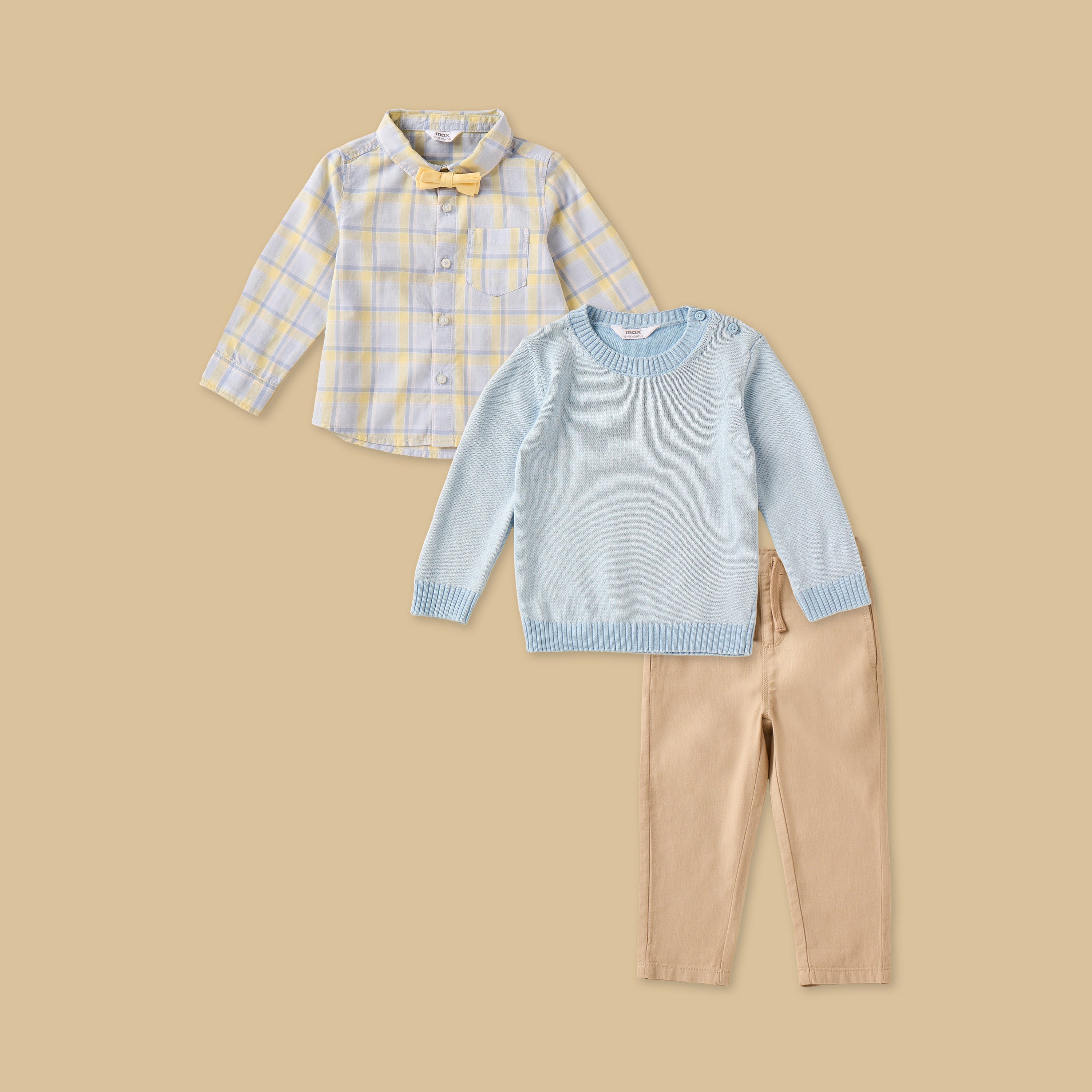 Checked Cotton Shirt with Sweater and Pants - Blue / 12-18 mths