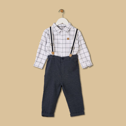 Checked Cotton Shirt and Trousers Set with Suspender - Grey / 12-18 mths