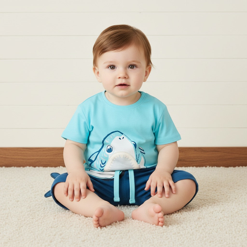 Shark 3D Print T-shirt and Shorts Set - Blue / 12-18 mths