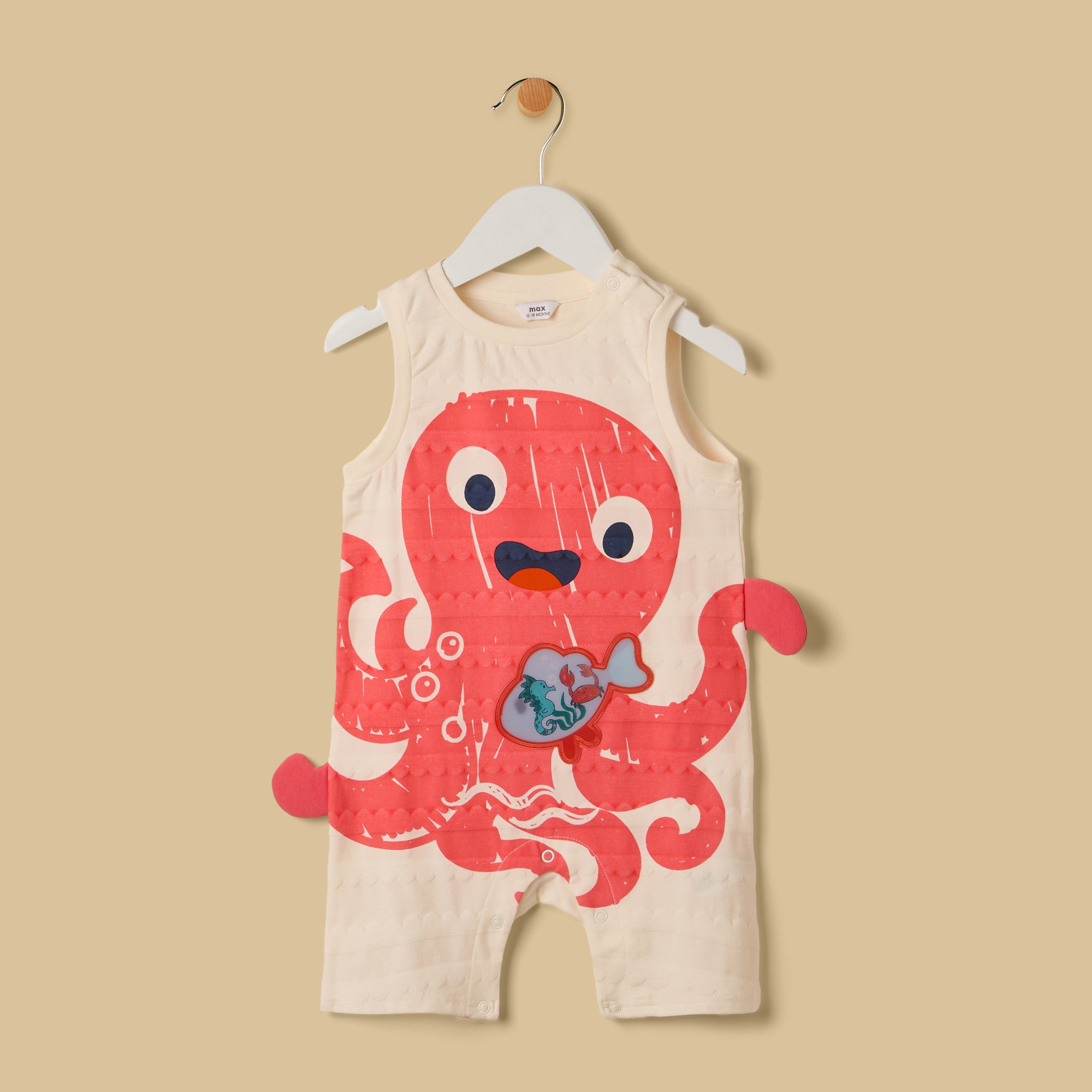 Octopus Lenticular Print Cotton Romper - Beige / 0-3 mths