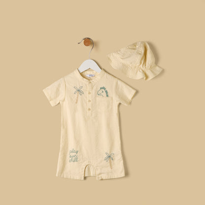 Embroidered Cotton Romper with Cap