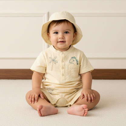 Embroidered Cotton Romper with Cap - Cream / 12-18 mths