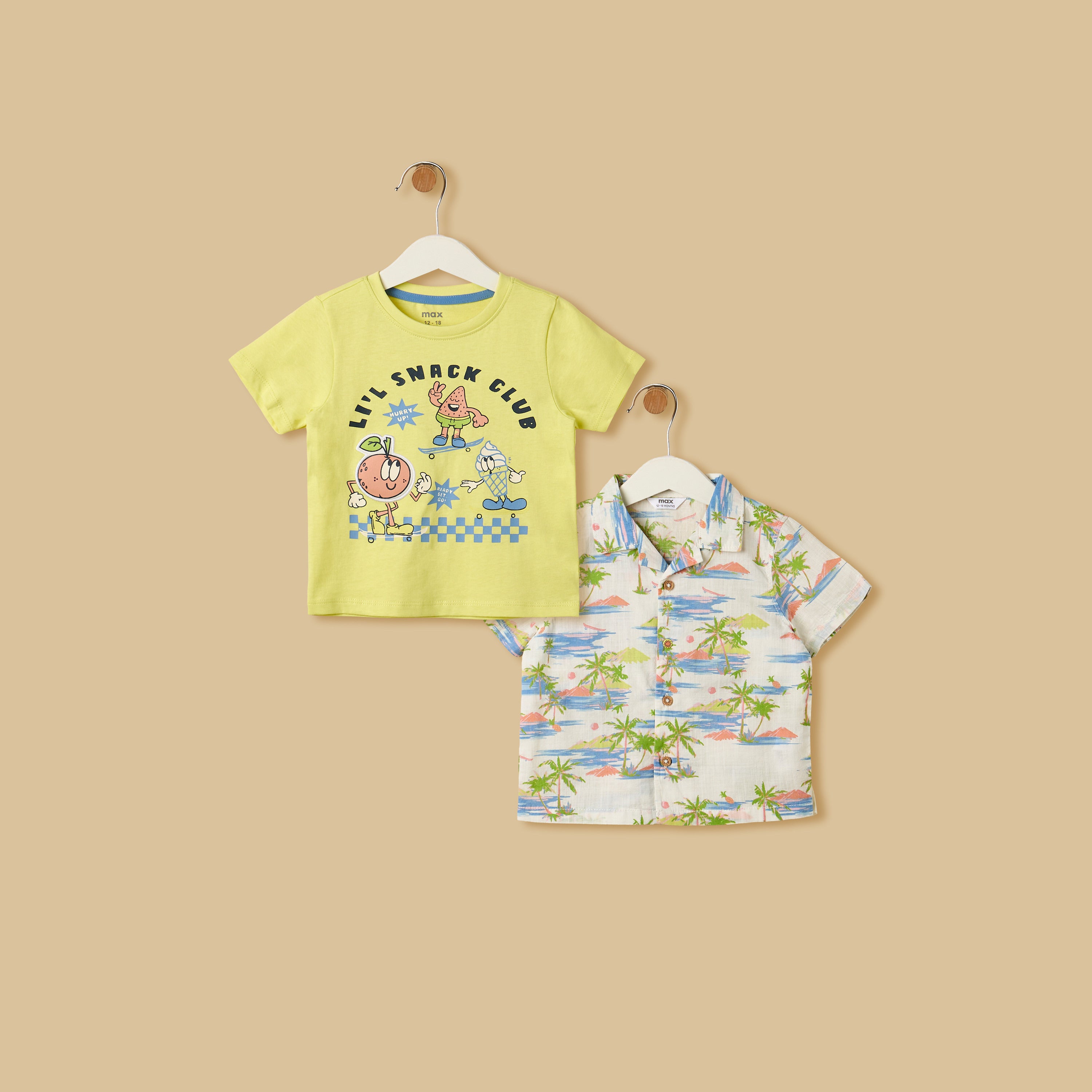 Graphic Print Cotton T-shirt and Shirt Set - Multicolour / 12-18 mths
