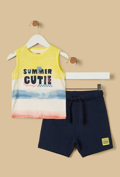 Graphic Print Sleeveless Cotton T-shirt and Shorts Set-undefined-image-1