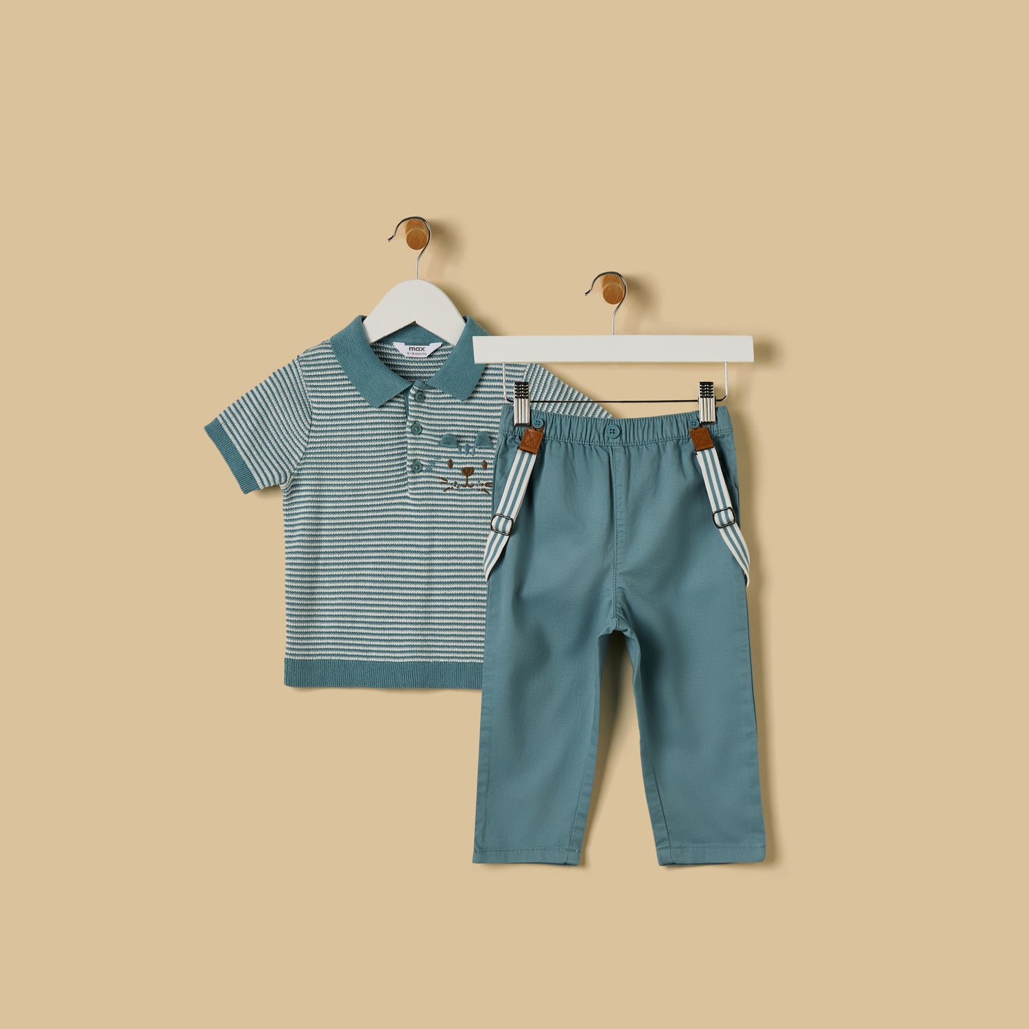 Striped Polo T-shirt with Pants and Suspenders - Blue / 12-18 mths